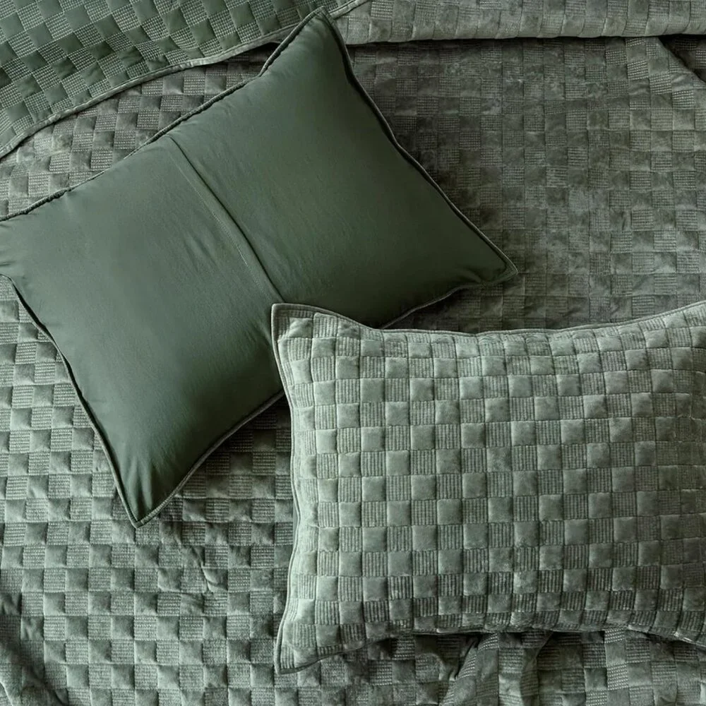 Velvet Quilt Set Green Textured Basketweave Coverlet Luxury Sage Olive Quiet Lux
